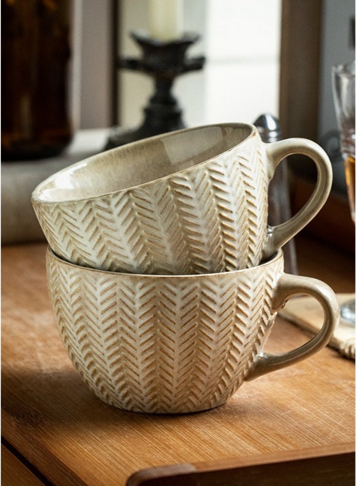 400ml Handcrafted Herringbone Embossed Ceramic Mug Rustic Yellow Coffee Cup with Textured Design Dishwasher & Microwave Safe Ideal for Morning Coffee Tea and Modern Farmhouse Kitchen Tableware - Image 4